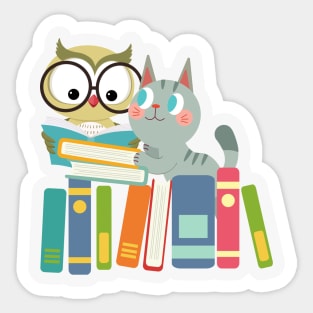 cat and owl reading book Sticker